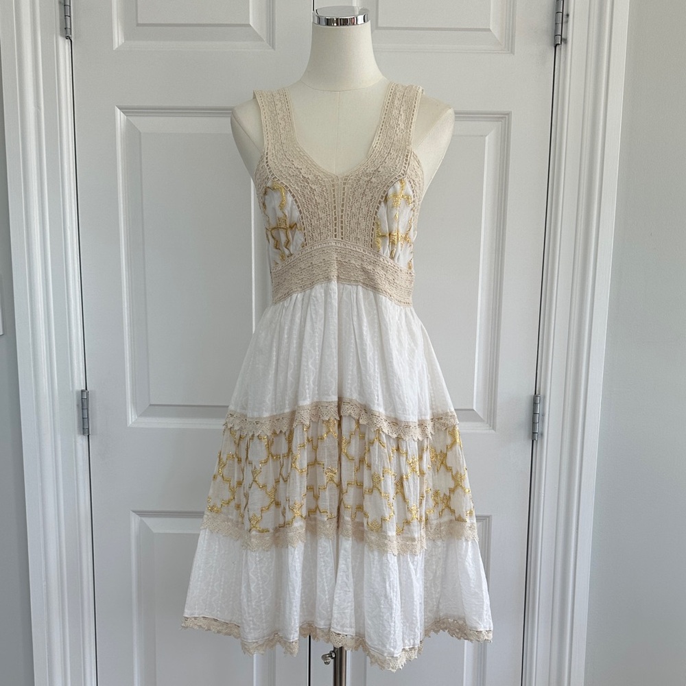 NWT Shira White 100% Cotton Crochet Smocked Gold Beach Cover-up Dress Free Size